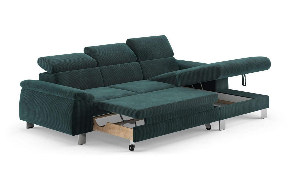 ECKSCHLAFSOFA mit Bettkasten – Cord-Stoff - Chromfarben/Salbeigrün, Holz/Textil (166/244cm) - Cotta