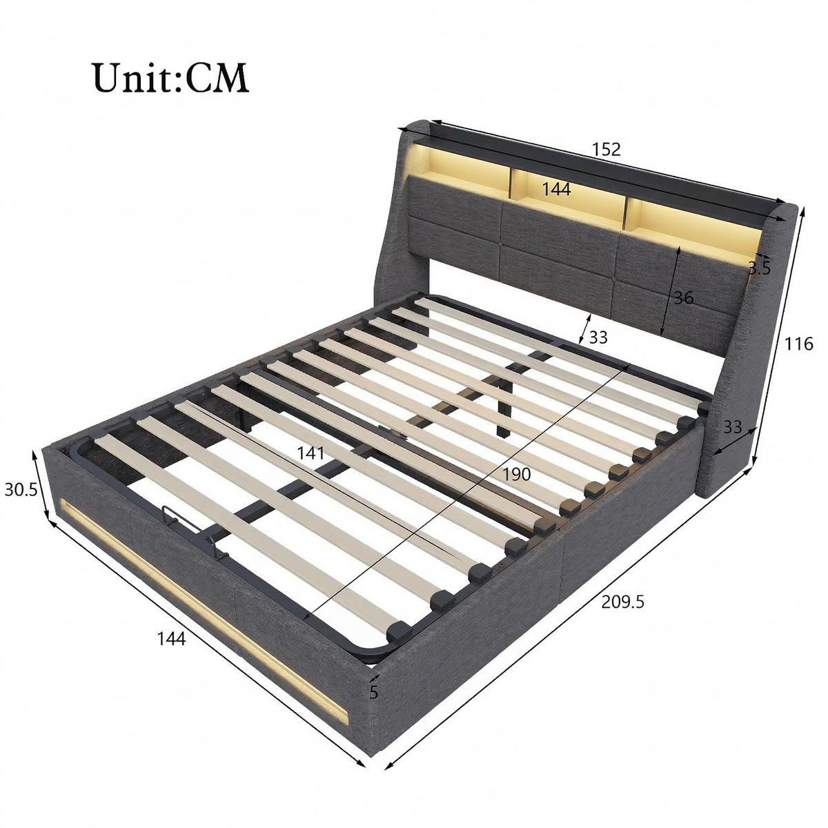 POLSTERBETT 140x200 cm mit Bettkasten, Doppelbett 140x200 cm mit LED und USB, Stauraumbett mit Hydraulik, Grau Leinenstoff - Grau, Glas/Holzwerkstoff (140/200cm) - GENKI LIVING