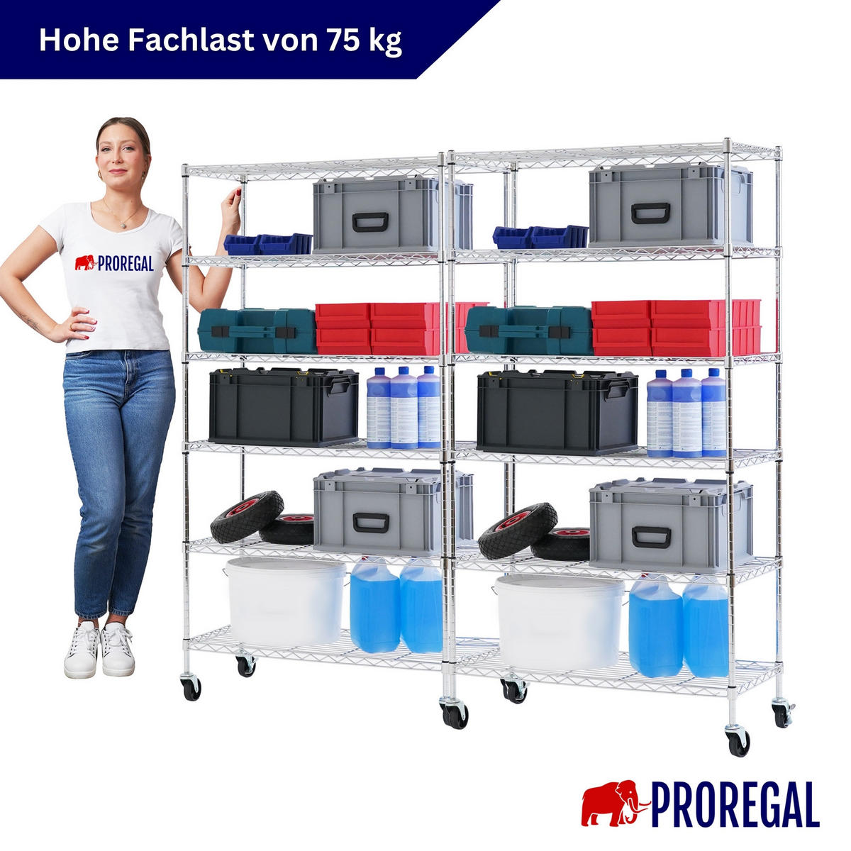 GITTERREGAL 2er - Set HADES mit Rollen & 6 Gitterböden Metall 160x90x40cm Silber - Silberfarben, Metall (90/160/40cm) - PROREGAL