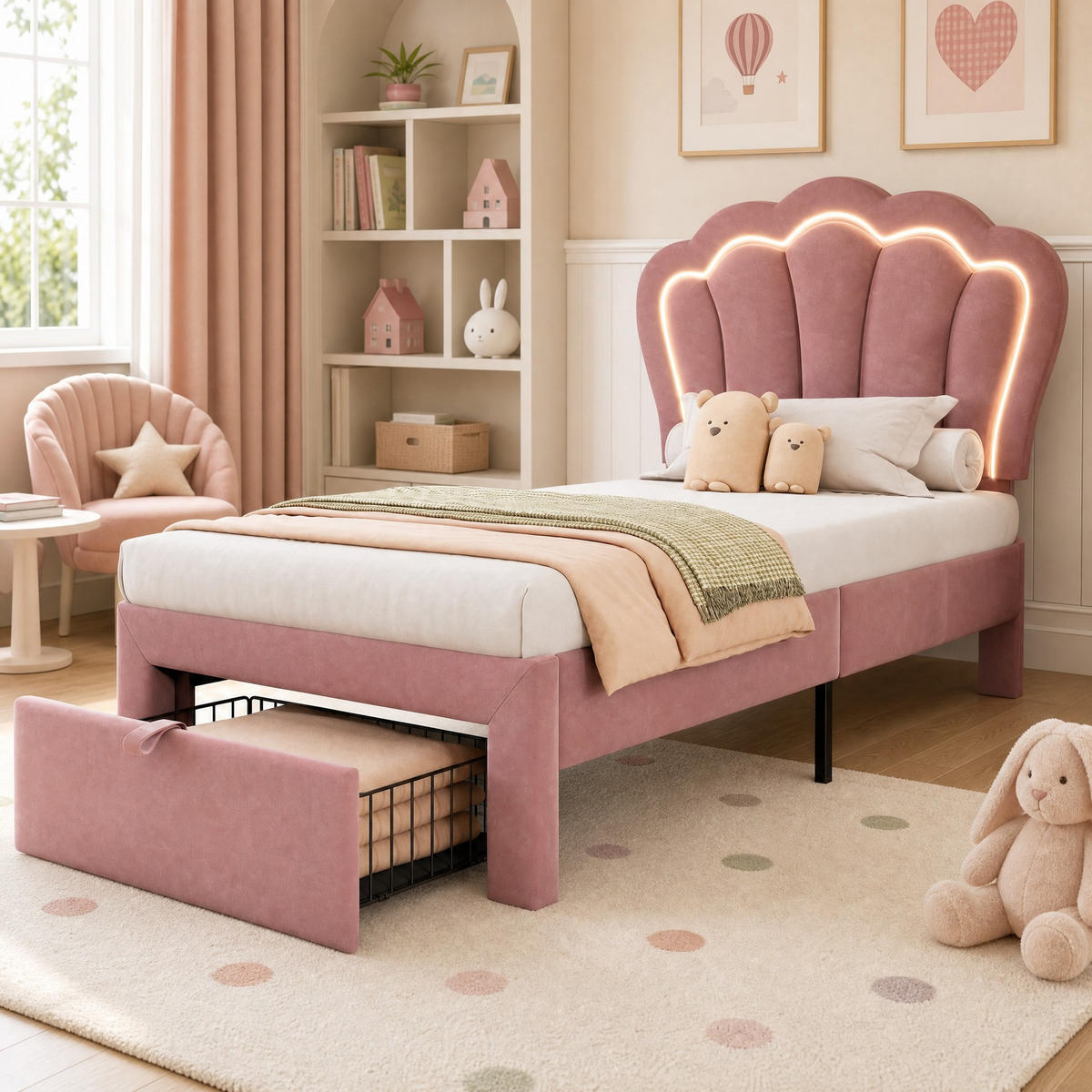 KINDERBETT 90/200 mit LED,verstellbarem Kopfteil und Schublade in Rosa - Schwarz/Rosa, Holzwerkstoff/Textil (90/200cm) - EVRYAE