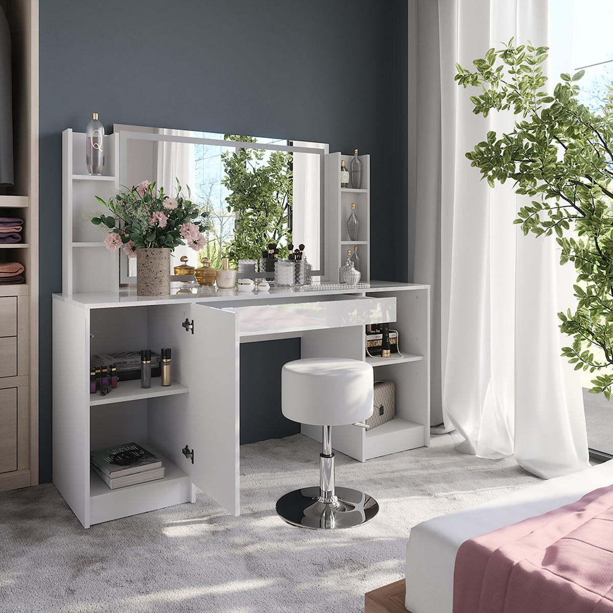 SCHMINKTISCH Sherry Weiß/Weiß Hochglanz 158.2 cm 5 Teile - Weiß Hochglanz, Holzwerkstoff (158.2/76/50.1cm) - Vicco