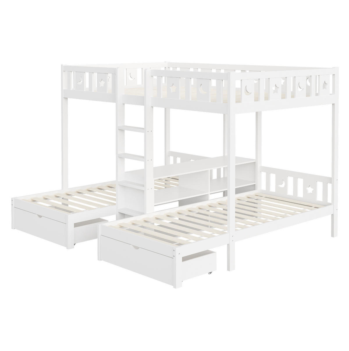 HOCHBETT Etagenbett 140/200 und 2x 90/200 cm aus Holz mit Stern-Mond-Geländer und 2 Schubladen Weiß - Weiß, Holz (140/200cm) - Modenvie