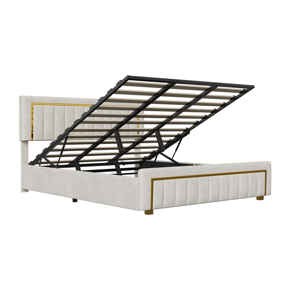 POLSTERBETT 180/200 Creme mit Stauraum, vergoldeter Zierleiste, höhenverstellbares Kopfteil & Gasdruckfeder - Creme, Holz/Metall (180/200cm) - Joyfair