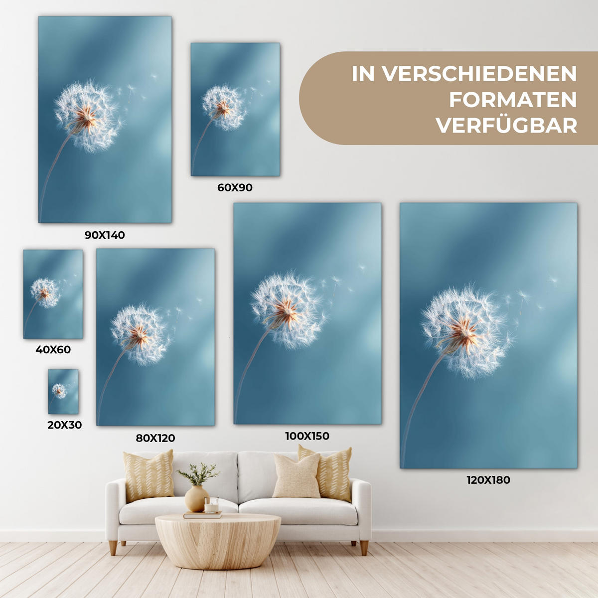 LEINWANDBILD Löwenzahn - Wind - Blau Deko XXL 80x120 cm - Blaugrau, Textil (80/120cm) - MuchoWow