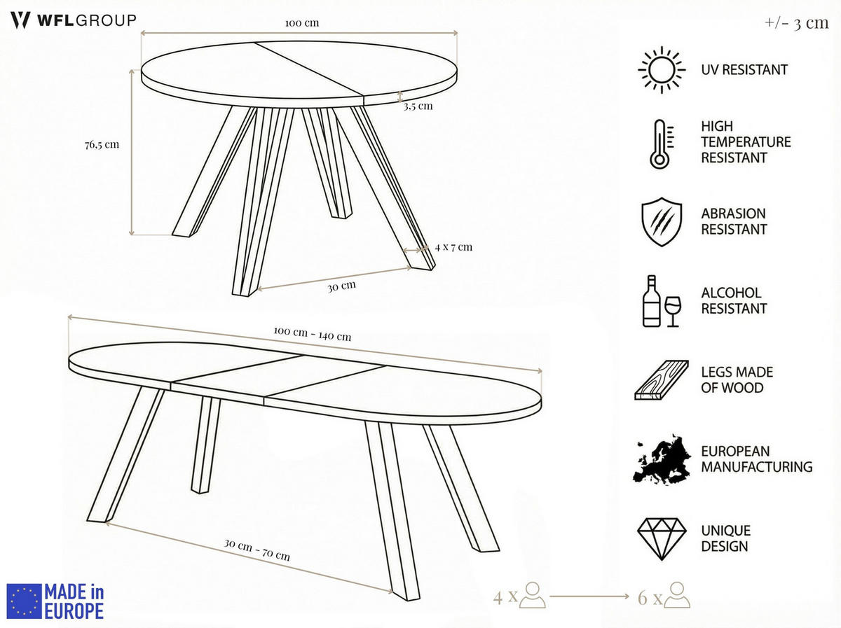 ESSTISCH Ravero runder ausziehbarer, Eiche Hell Braun 100-140/100/77 cm - Eichefarben/Braun, Holz/Holzwerkstoff (100/140/76.5cm) - WFL GROUP