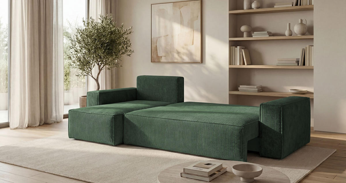 ECKSOFA CALIFORNIA MINI links grün Cord Poso 14 - Schlaffunktion, Bettkasten - Grün, Textil (245/140cm) - Cornero