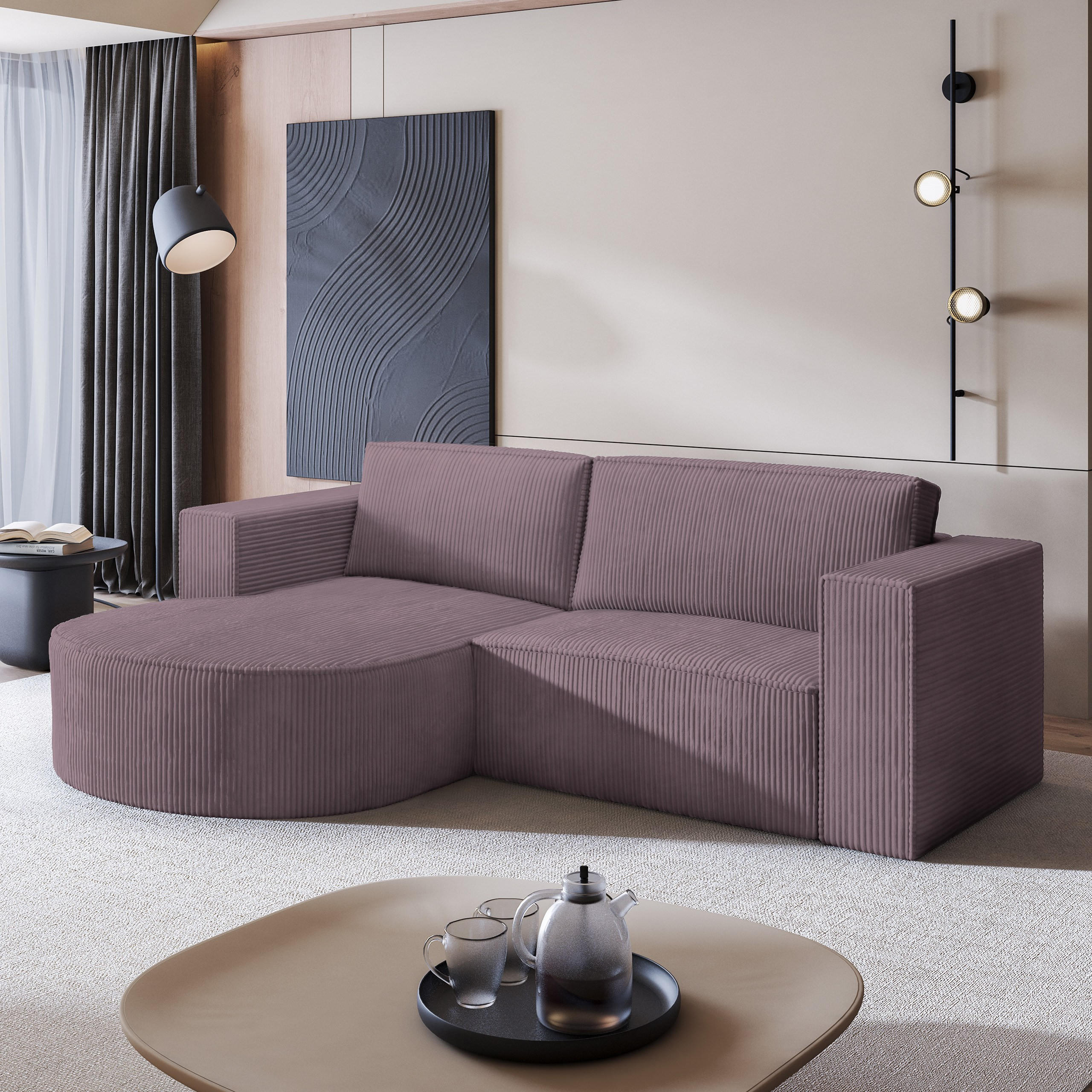 ECKSOFA SORELA P L-S Lila Kordstoff mit Schlaffunktion - Lila, Holz (263/174cm) - MASSENO