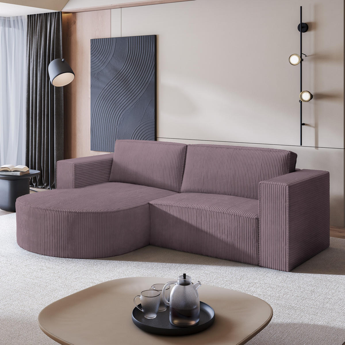 ECKSOFA SORELA P L-S Lila Kordstoff mit Schlaffunktion - Lila, Holz (263/174cm) - MASSENO