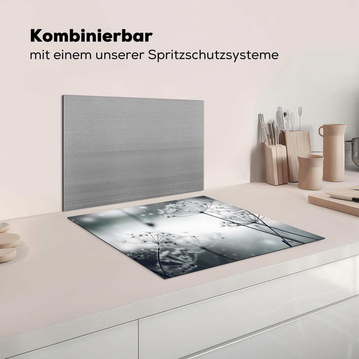 HERDABDECKPLATTE Blumen - Winter - Schnee - Natur Ceranfeldabdeckung 59x52 cm - Grau, Kunststoff (59/52/0.2cm) - MuchoWow