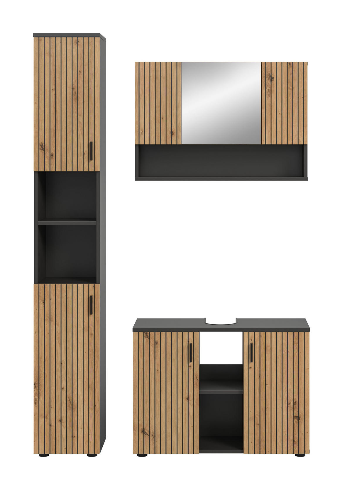 BADEZIMMER Mira 3-tlg. (B/H/T: ca. 125/192/30 cm) in Basalt grau/Artisan Oak - Grau, Holzwerkstoff (125/192/30cm)