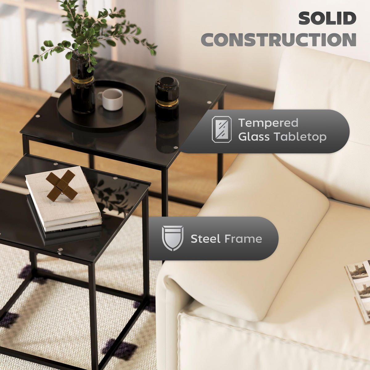 BEISTELLTISCH 50/50/52 cm Schwarz aus Stahl 2er-Set mit Glasplatte - Schwarz, Metall (50/50/52cm) - OKWISH