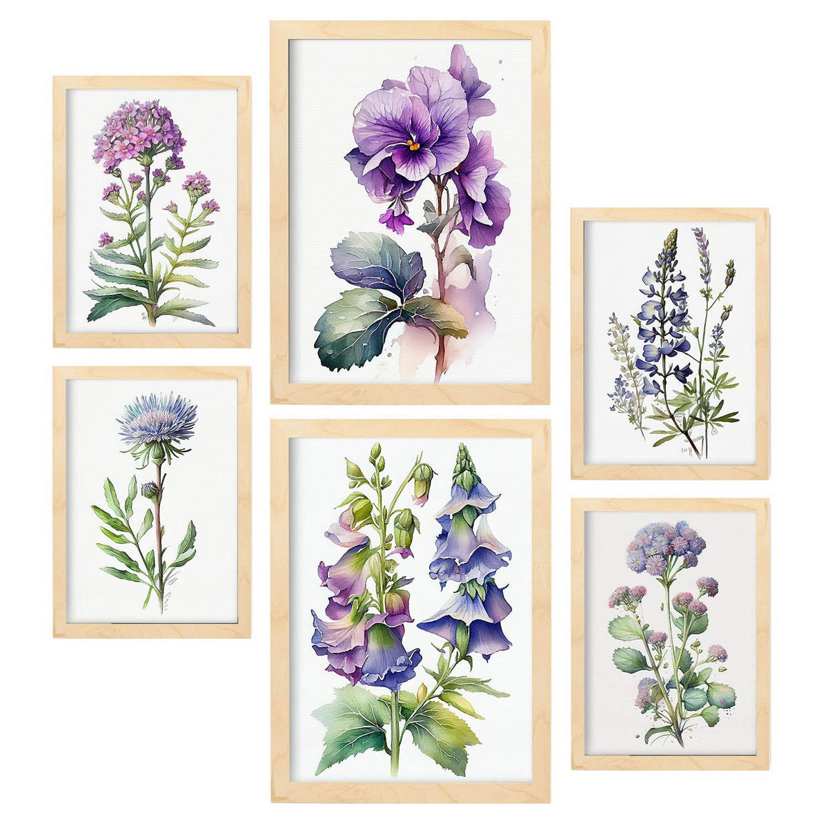 POSTER Set Mit 6 Violette Natur Größe A3 & A4 Rahmen aus hellem Holz - Beige, Papier (29.7/1cm) - Nacnic
