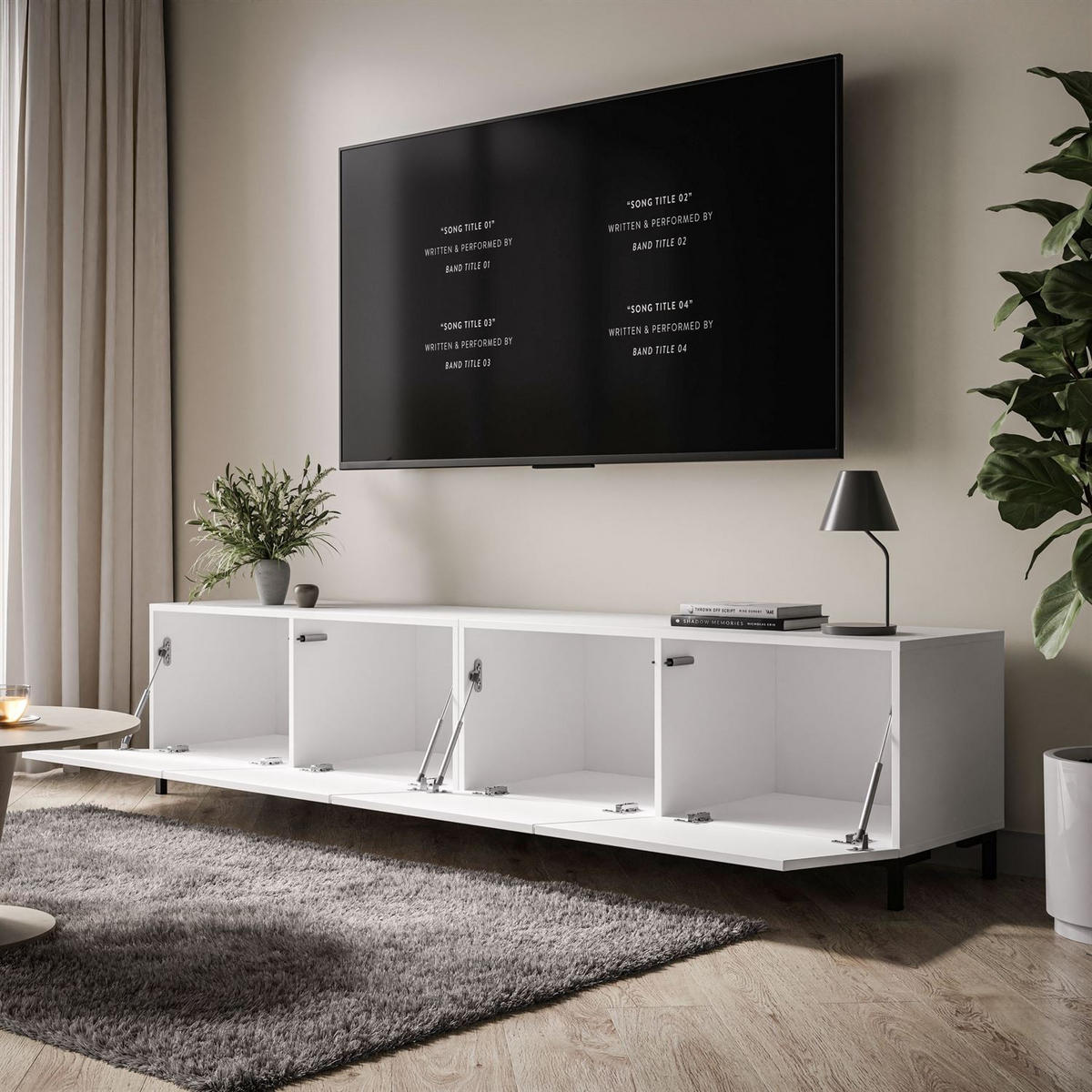 TV-LOWBOARD COLGANTE 200 cm auf Schwarz Kunststoffbeinen - Weiß Hochglanz/Schwarz, Holzwerkstoff/Kunststoff (200/45/40cm) - Lookway