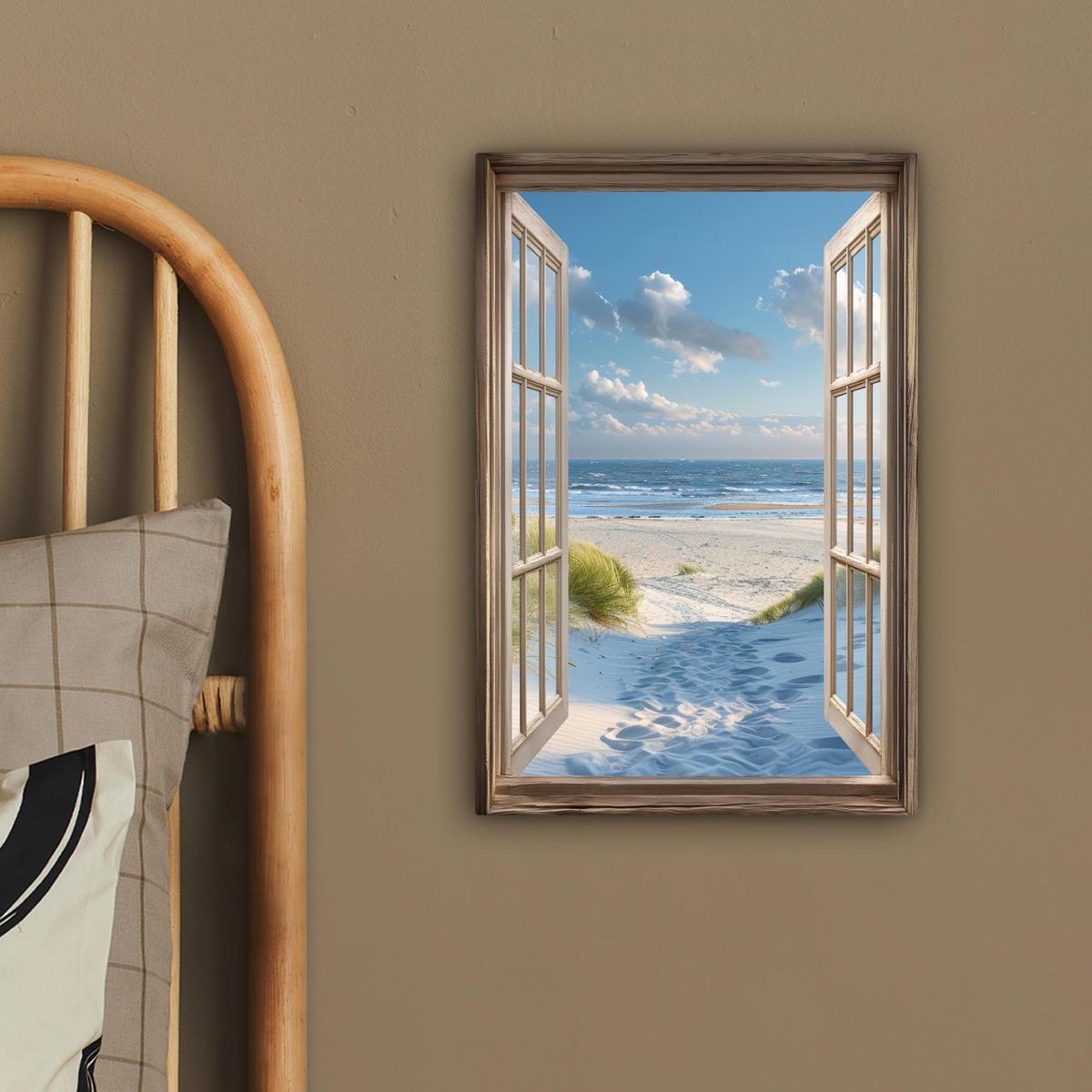 LEINWANDBILD Aussicht - Strand - Fenster - Dünen - Meer 20x30 cm - Hellblau, Textil (20/30cm) - MuchoWow