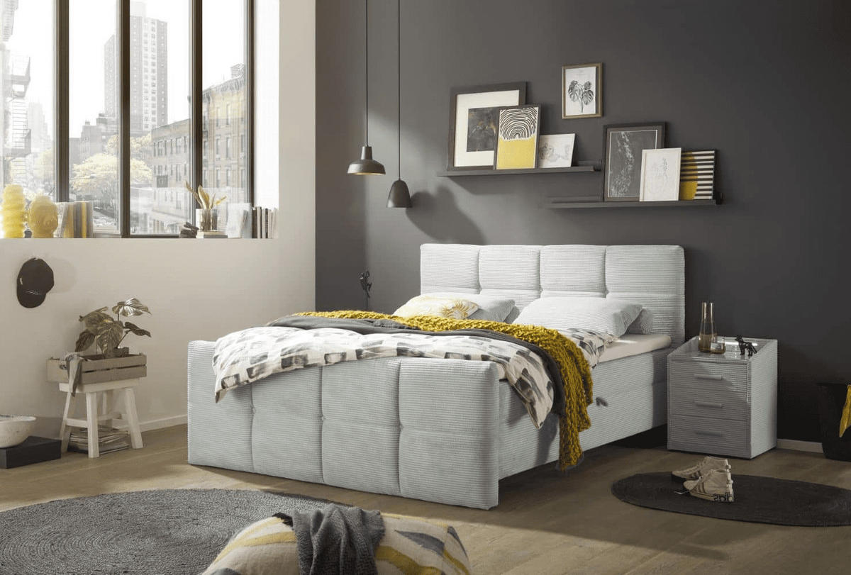 BOXBETT Breitcord, 7-Zonen-Tonnentaschen-Federkernmatratze, HR-30 Topper, Bettkasten - Salbeigrün/Hellgrau, Holz/Kunststoff (180/200cm) - ed exciting design