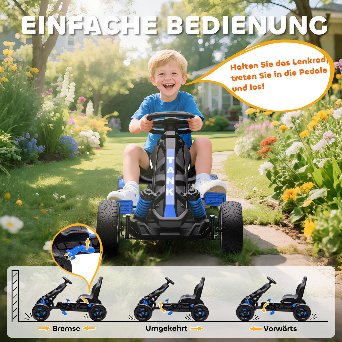 GOKART-TRETAUTO Tretauto mit Handbremse, Automatisches Kupplungssystem, EVA-Räder - Blau, Metall (100/59/60.5cm) - AIYAPLAY