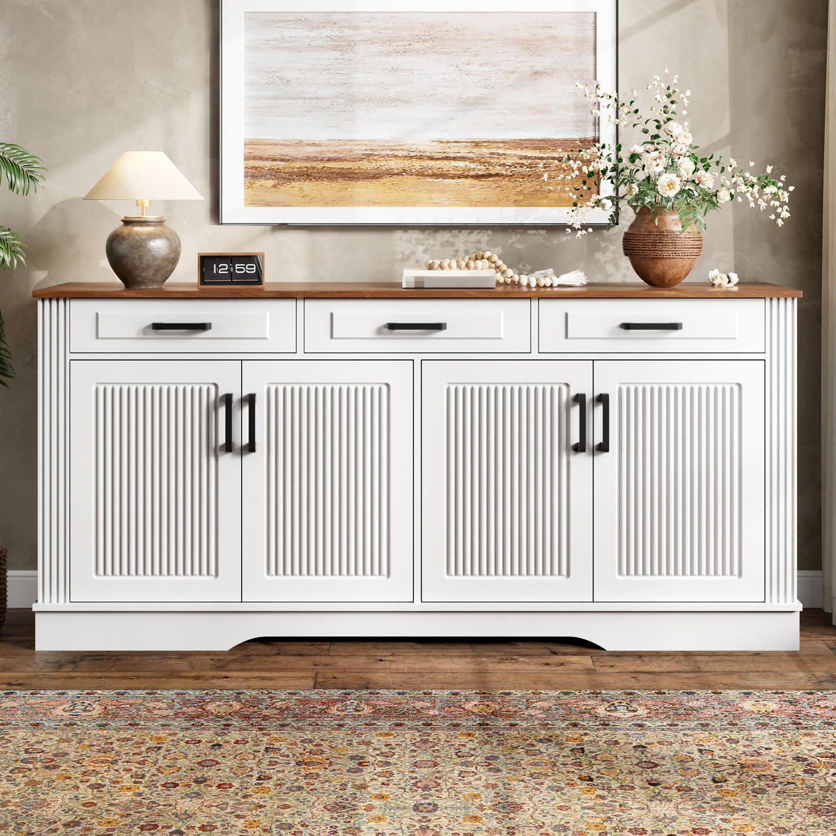 SIDEBOARD DE-37539 160/40/75 cm mit 3D-vertikalen Streifen Weiß - Weiß, Holzwerkstoff (160/75/40cm) - ComfortXL