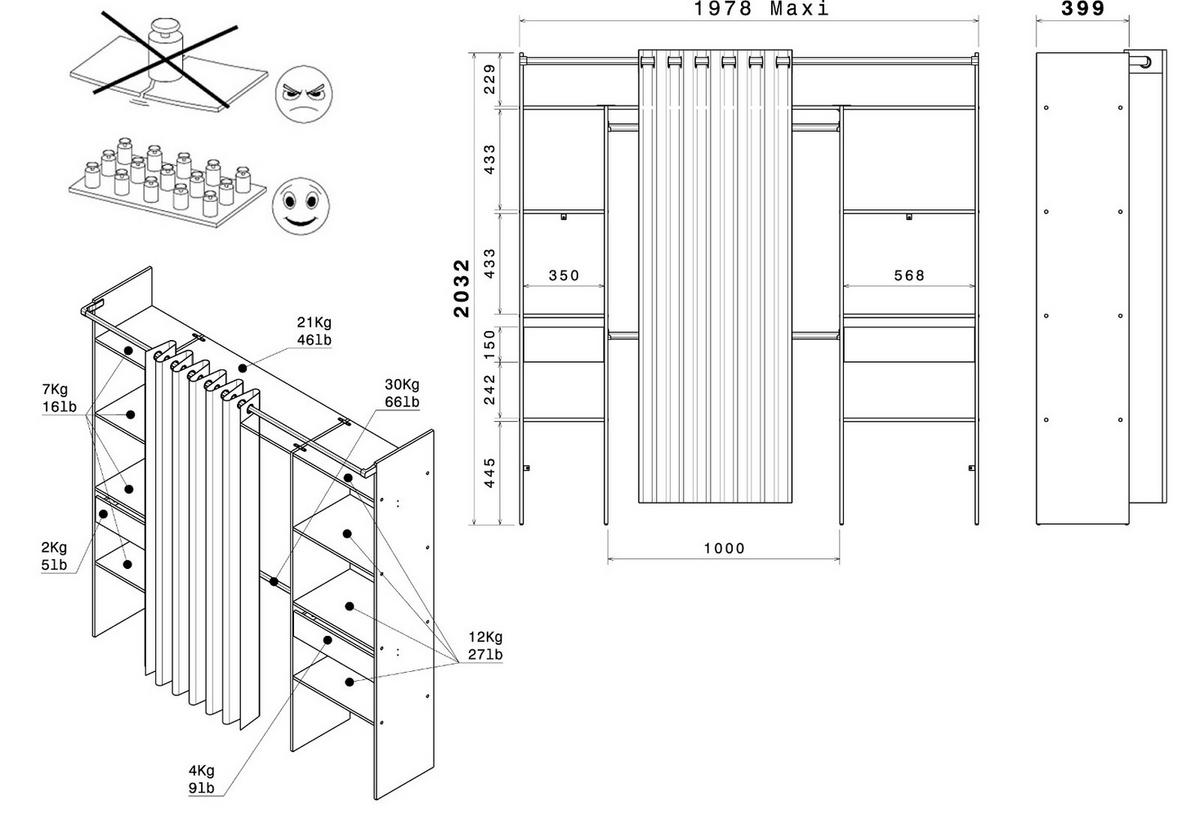 KLEIDERSCHRANK weiß, grau, Mehrzweckschrank 198 cm mit Vorhang - Weiß/Grau, Holzwerkstoff/Textil (198/203/40cm) - Parisot Meuble