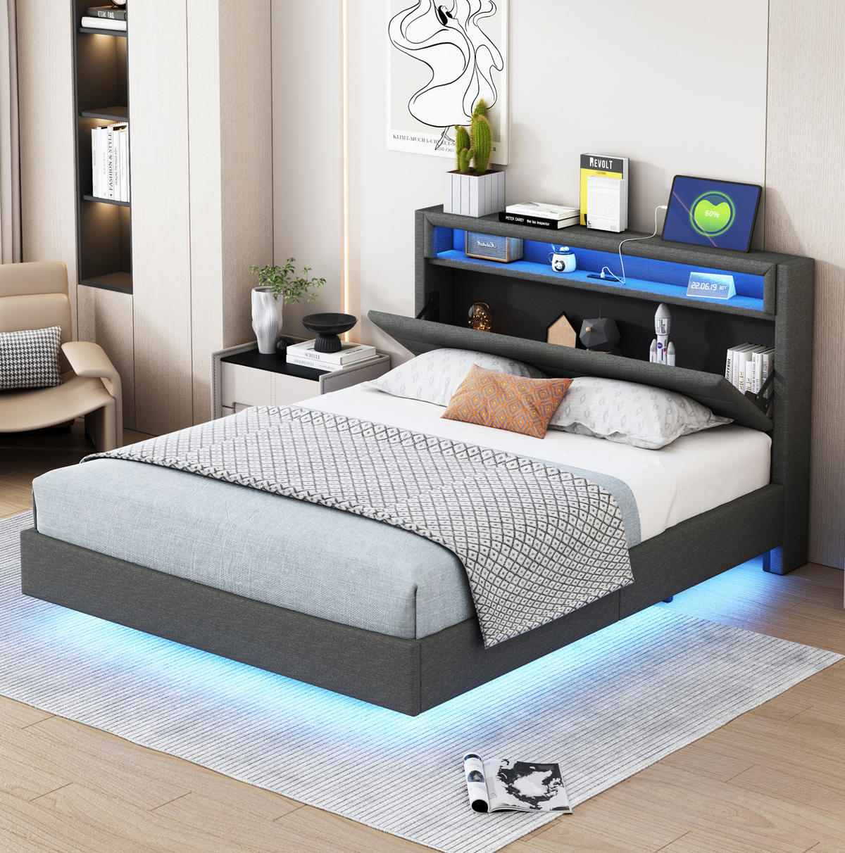 POLSTERBETT 140/200 cm Grau mit LED-Beleuchtung und USB-Anschluss - Grau, Textil (140/200cm) - Flora Grace