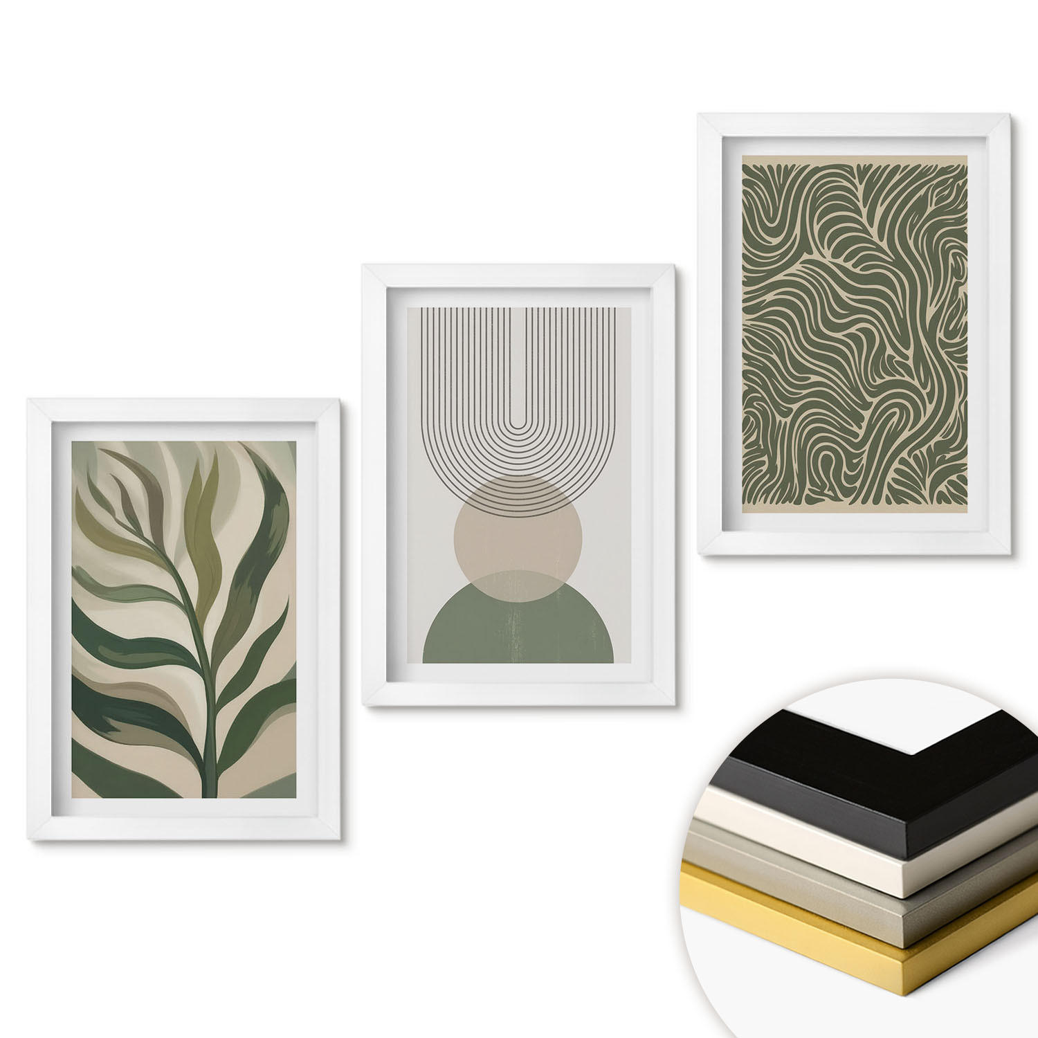 WANDBILDER 3er-Set - 20x30 cm Weißer Rahmen - Geometrische Blattformen - Weiß, Kunststoff (20/30cm) - ArtPrintCave