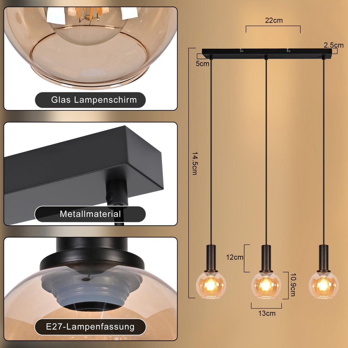 PENDELLEUCHTE Glorix 40/13/145 cm - Schwarz, Glas/Metall (40/13/145cm) - ZMH