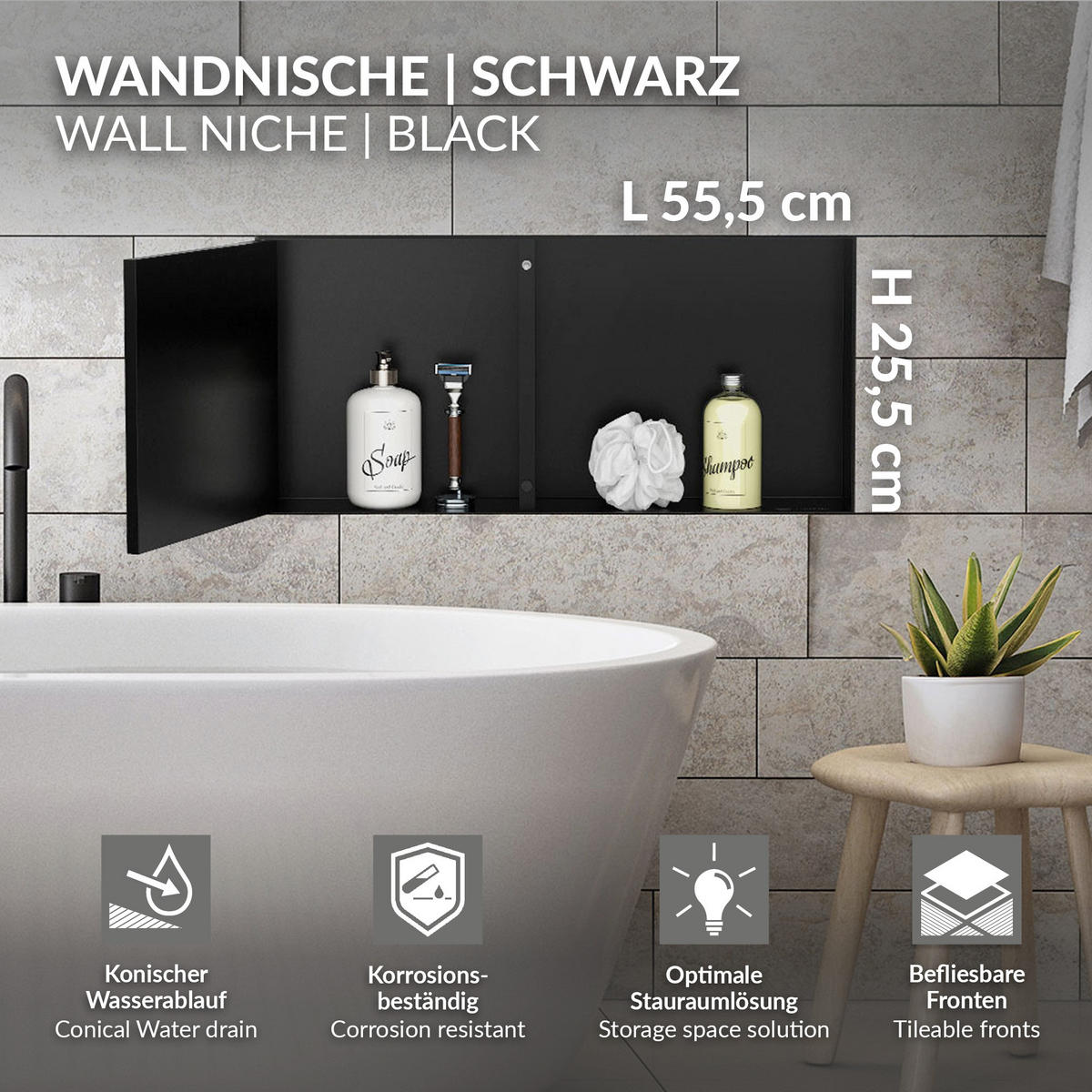 SPRCHOVÁ NIKA z nerezové oceli s obkladovými dvířky, černá, 25,5/55,5 cm - černá, kov (60/10/30cm) - LuxeBath