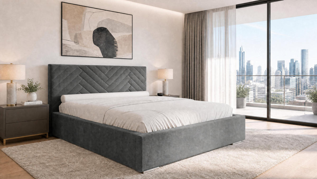 POLSTERBETT 200x200 cm AURA, Doppelbett mit Bettkasten und Lattenrost aus Holz, Velourstoff: Dunkelgrau - Dunkelgrau, Holz/Kunststoff (200/200cm) - Marpur
