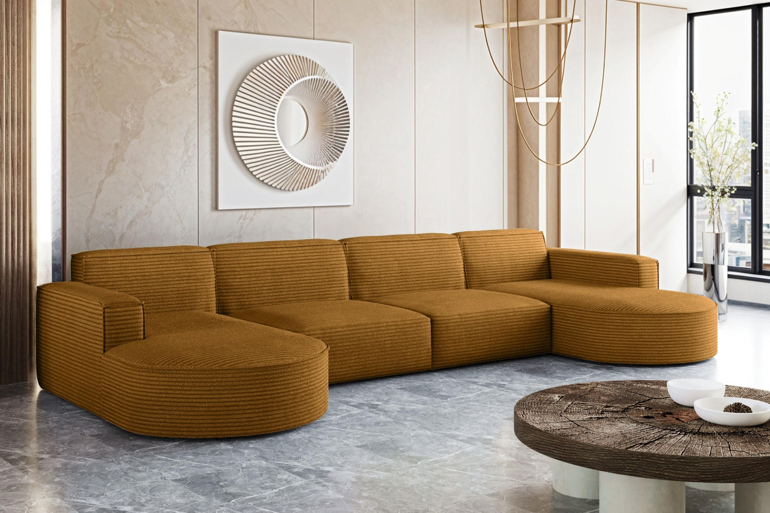 ECKSOFA U-Form XL Designer MODENA stoff Dicker Cord Poso Senffarbe - Gelb, Holz (165/382cm) - Kaiser Möbel