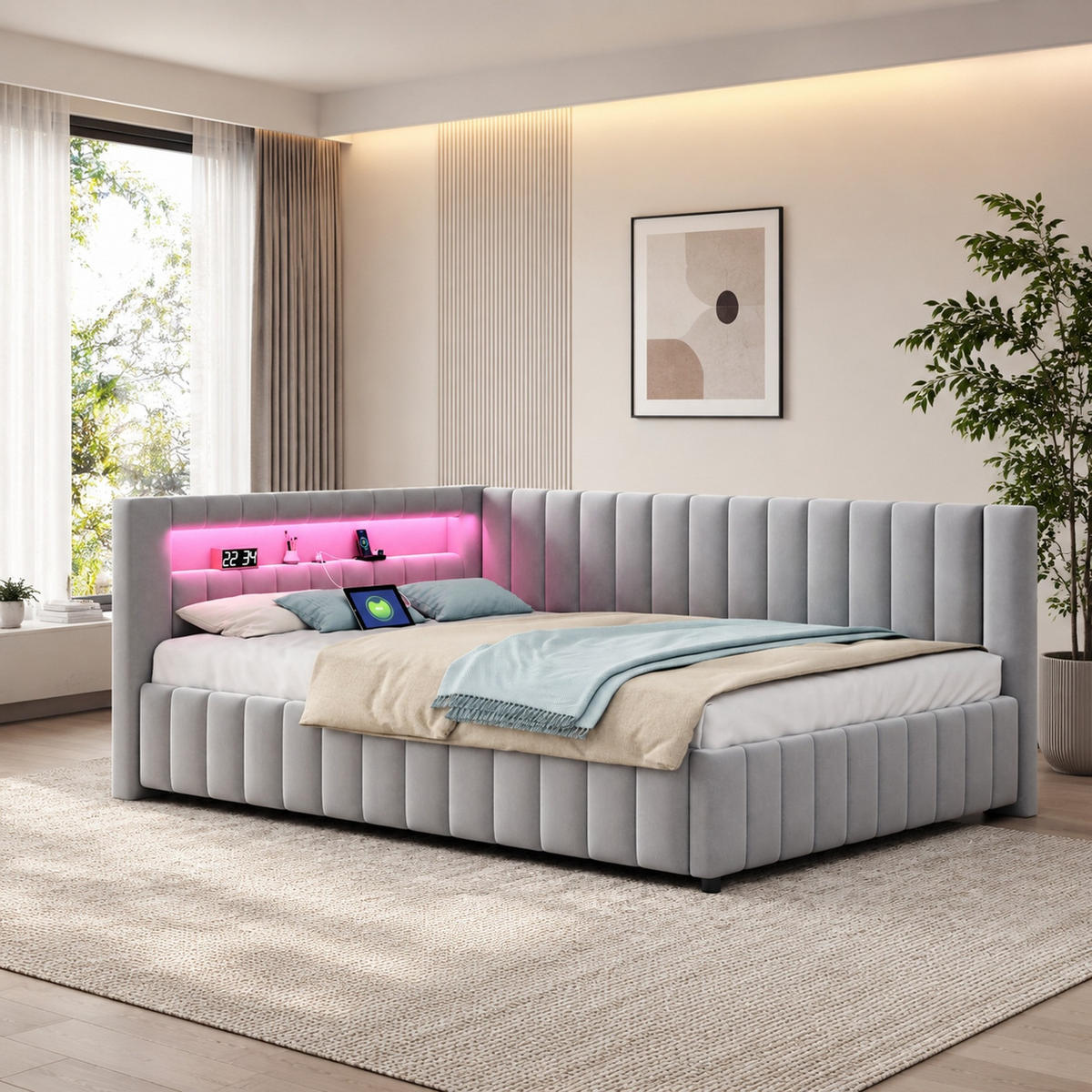 POLSTERBETT 140/200 mit LED, USB, Rückenlehne und Kopfteil in Grau - Grau, Holzwerkstoff/Textil (140/200cm) - EVRYAE