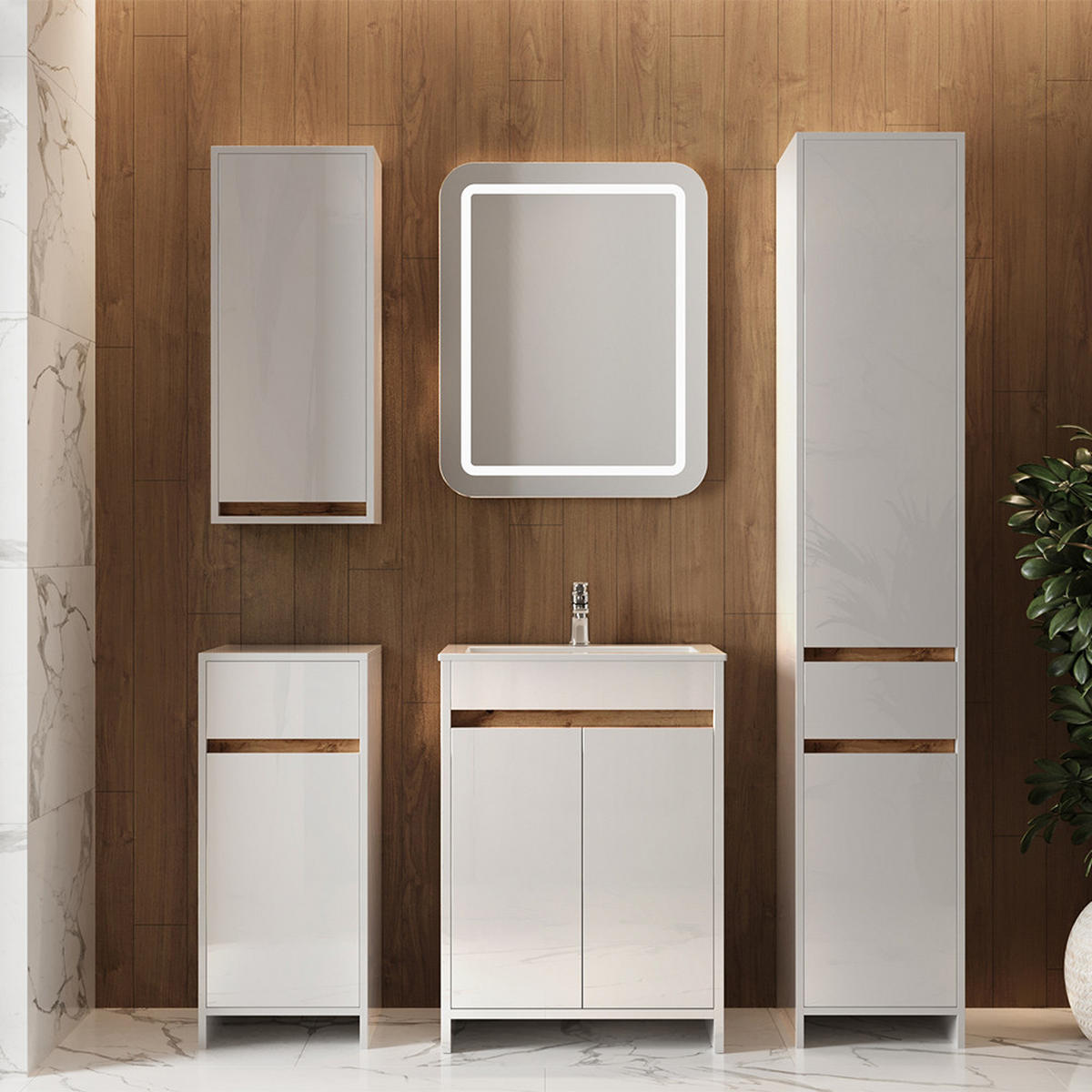 BADMÖBEL-SET Lemgo Weiß Hochglanz 5er-Set - Honigeiche/Weiß Hochglanz, Holzwerkstoff (59.6/81.9/40cm) - Vicco