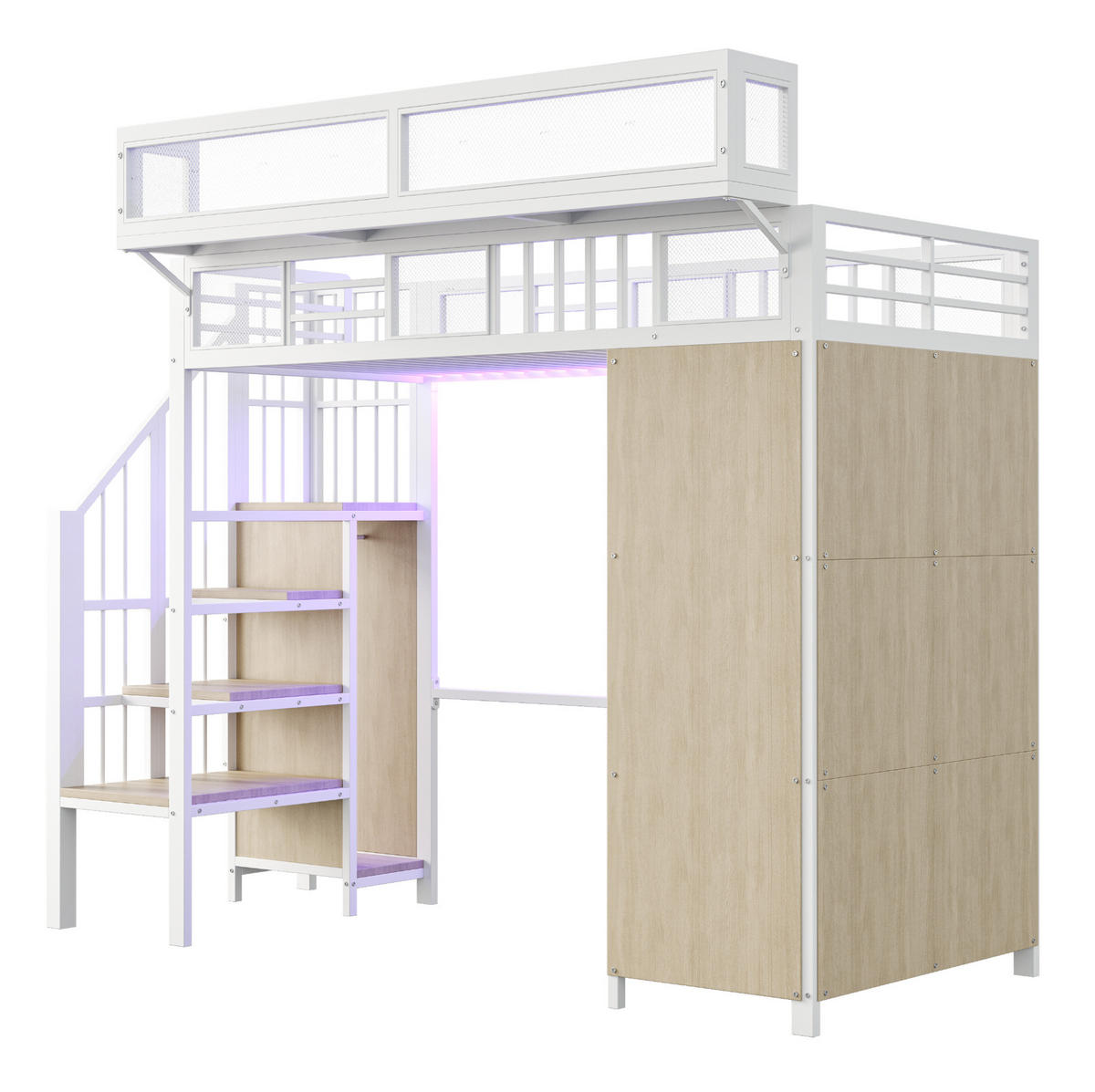 HOCHBETT aus Metall und Holz 90x200 cm Weiß mit Kleiderschrank, LED-Beleuchtung und Aufbewahrungsleiter - Weiß, Metall (90/200cm) - Modfu