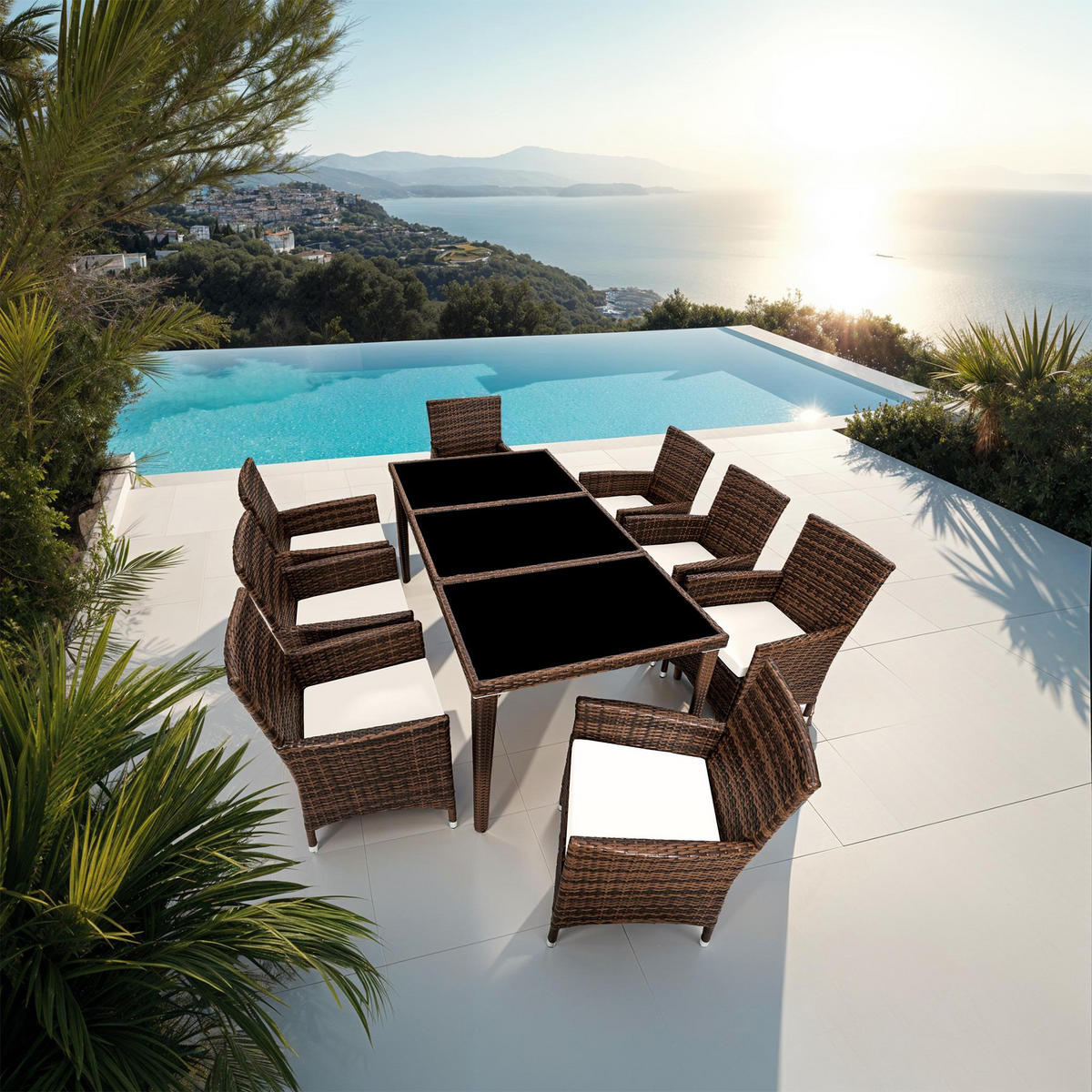 RATTAN SITZGRUPPE Menorca,2 Bezugssets, inklusive Schutzhülle,schwarz/braun - Schwarz/Braun, Kunststoff - tectake