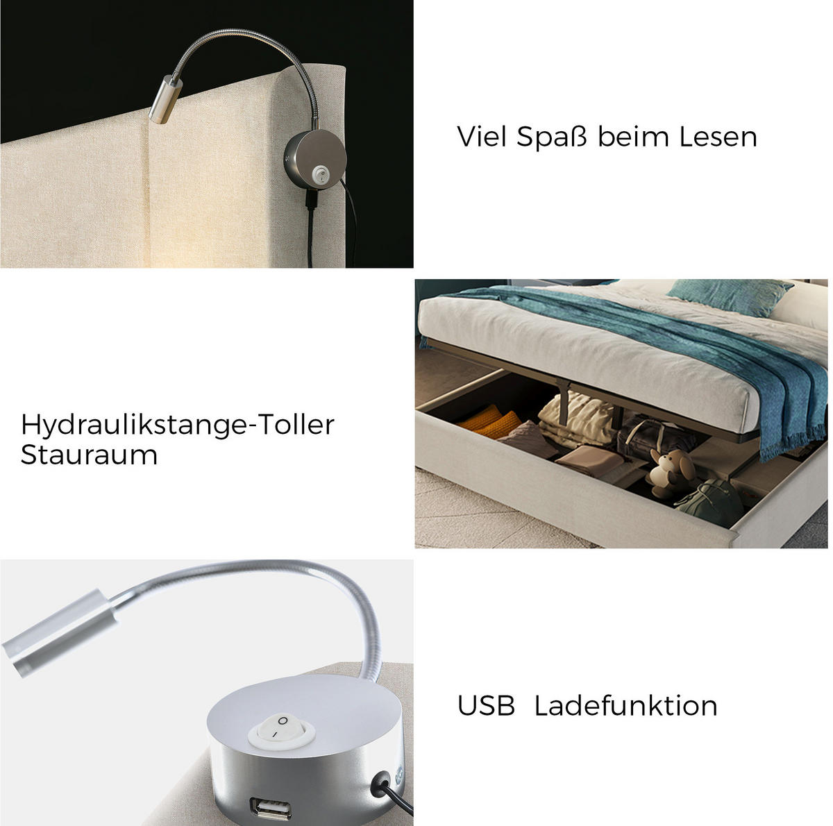 POLSTERBETT 180x200 cm in Beige mit Bettkasten, Leselampe und 2 USB-Anschlüssen - Beige, Textil (180/200cm) - IVMEU