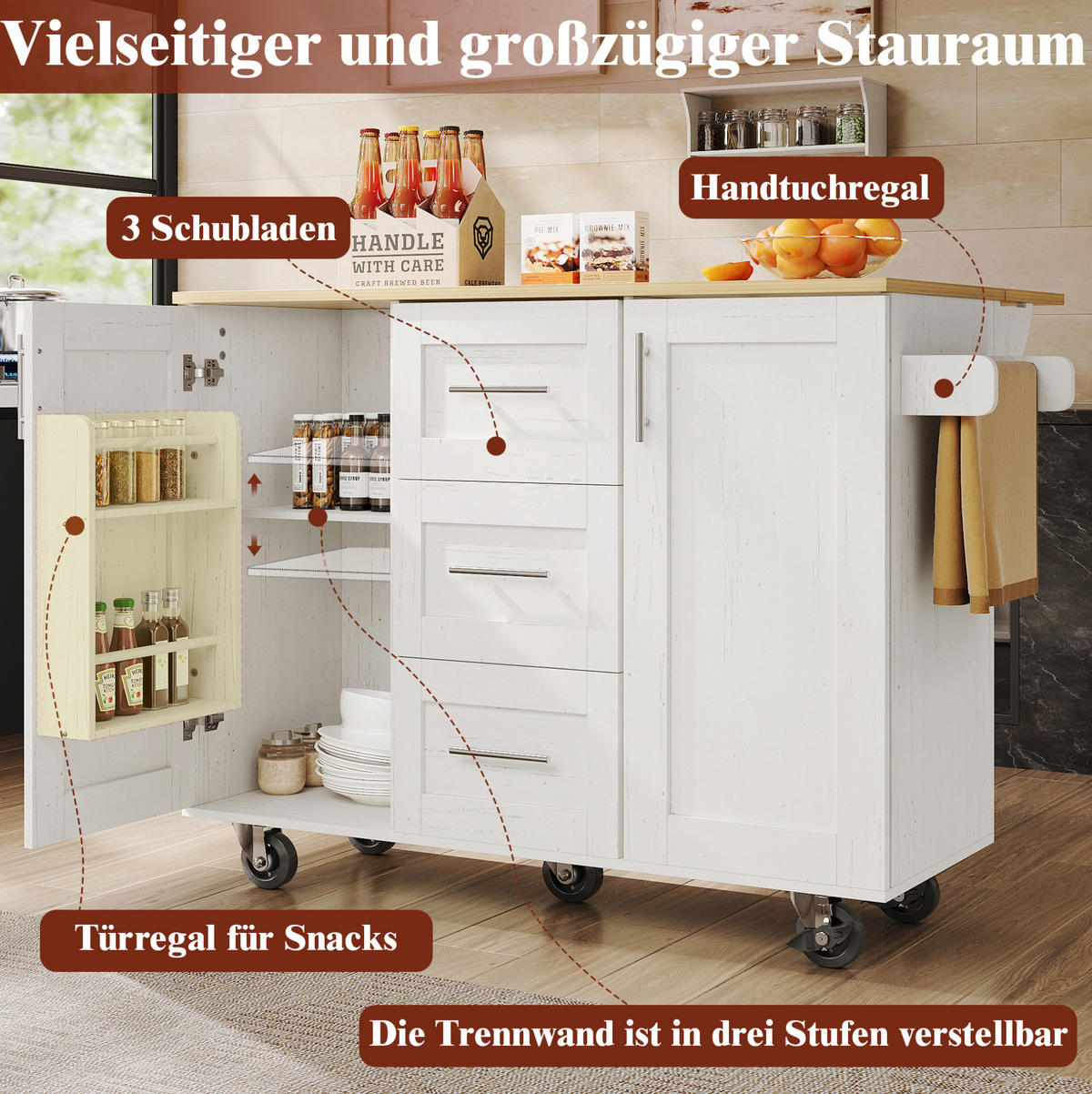 KÜCHENINSEL 135/46-74/86,6 cm aus MDF und Metall mit klappbarer Tischplatte und Rollen Weiß - Weiß, Holzwerkstoff (135/87.2/74cm) - Modenvie