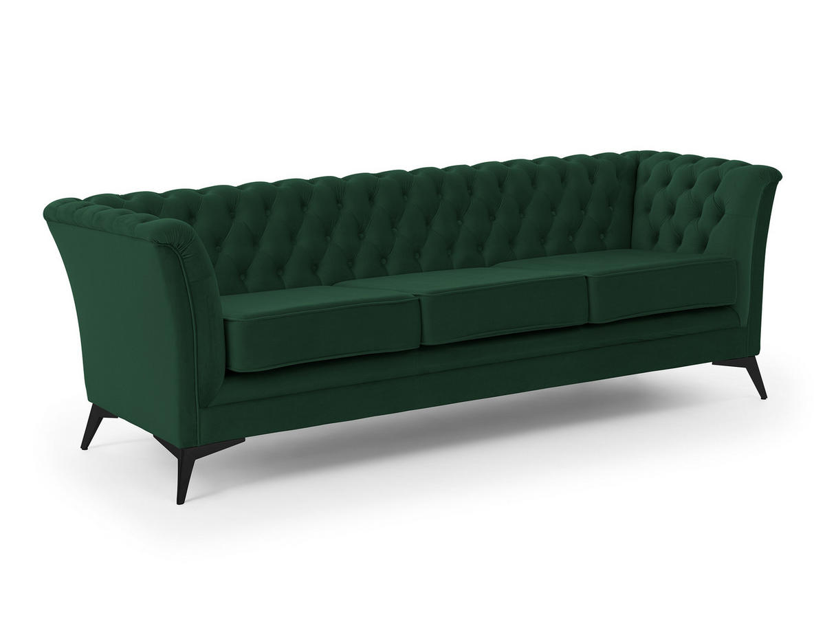 CHESTERFIELD-SOFA 3-sitzer Whitby Flaschengrün Samt mit schwarzen Füßen - Dunkelgrün/Schwarz, Holz/Textil (237/78/82cm) - S-Style Möbel