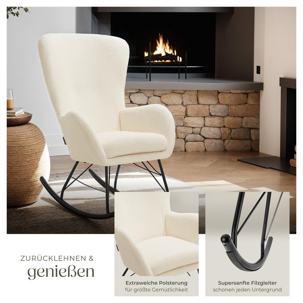 SCHAUKELSTUHL Swing,70 x 93 x 100 cm, Belastbarkeit 120 kg,creme/schwarz - Creme/Schwarz, Kunststoff (70/100/93cm) - tectake