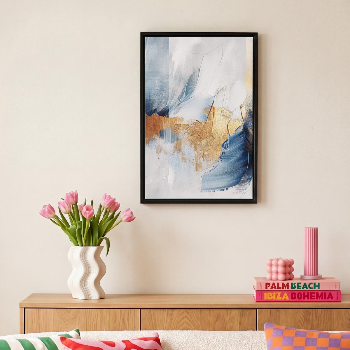 LEINWAND Bilder mit Rahmen - Gold - Blau - Aquarell - Kunst - Modern - 20x30 - Hellblau, Textil (20/30cm) - MuchoWow
