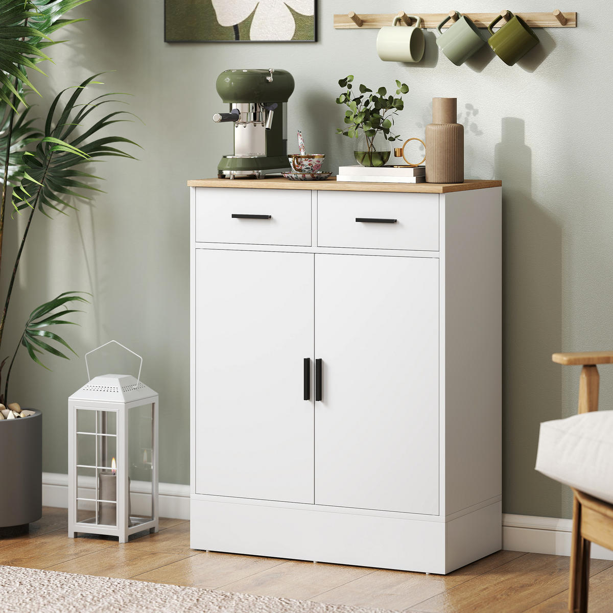SIDEBOARD Weiß und Naturholz-Optik, 2 Türen, 2 Schubladen, 68,6/35/90,3 cm - Weiß, Holz (68.6/90.3/35cm) - PANGIVO