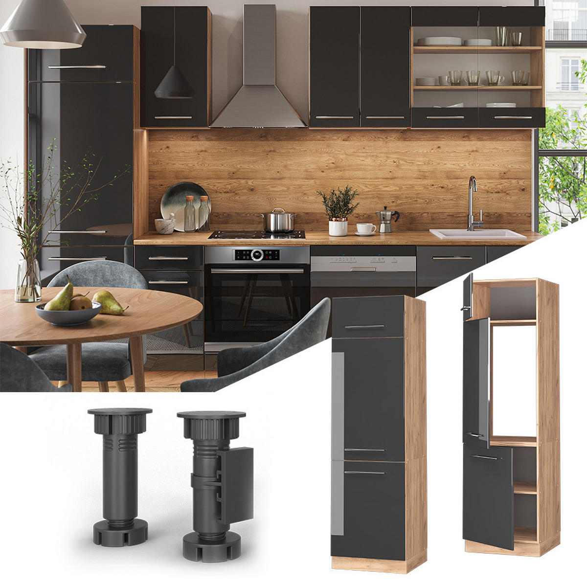KÜCHENSCHRANK Fame-Line Anthrazit Hochglanz 60 cm - Honigeiche/Schwarz Hochglanz, Holzwerkstoff (60/206.8/58.1cm) - Vicco