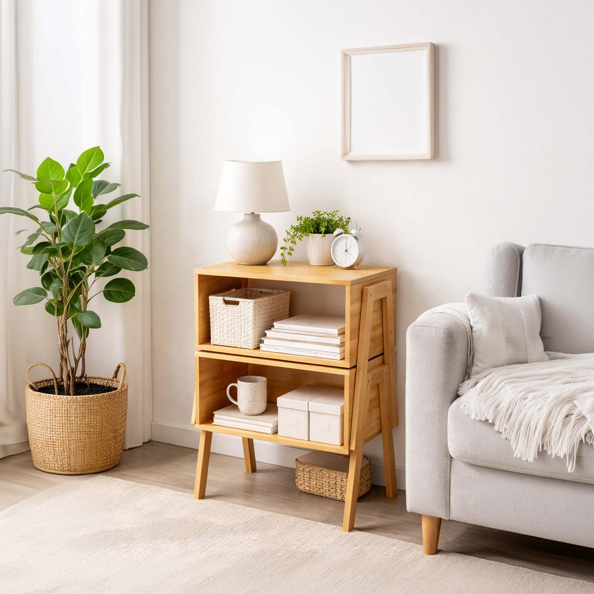 NOČNÍSTOLEK Přírodní 2dílná-sada bambus stohovatelný - světle hnědá, dřevo (43/42/29cm) - Relaxdays