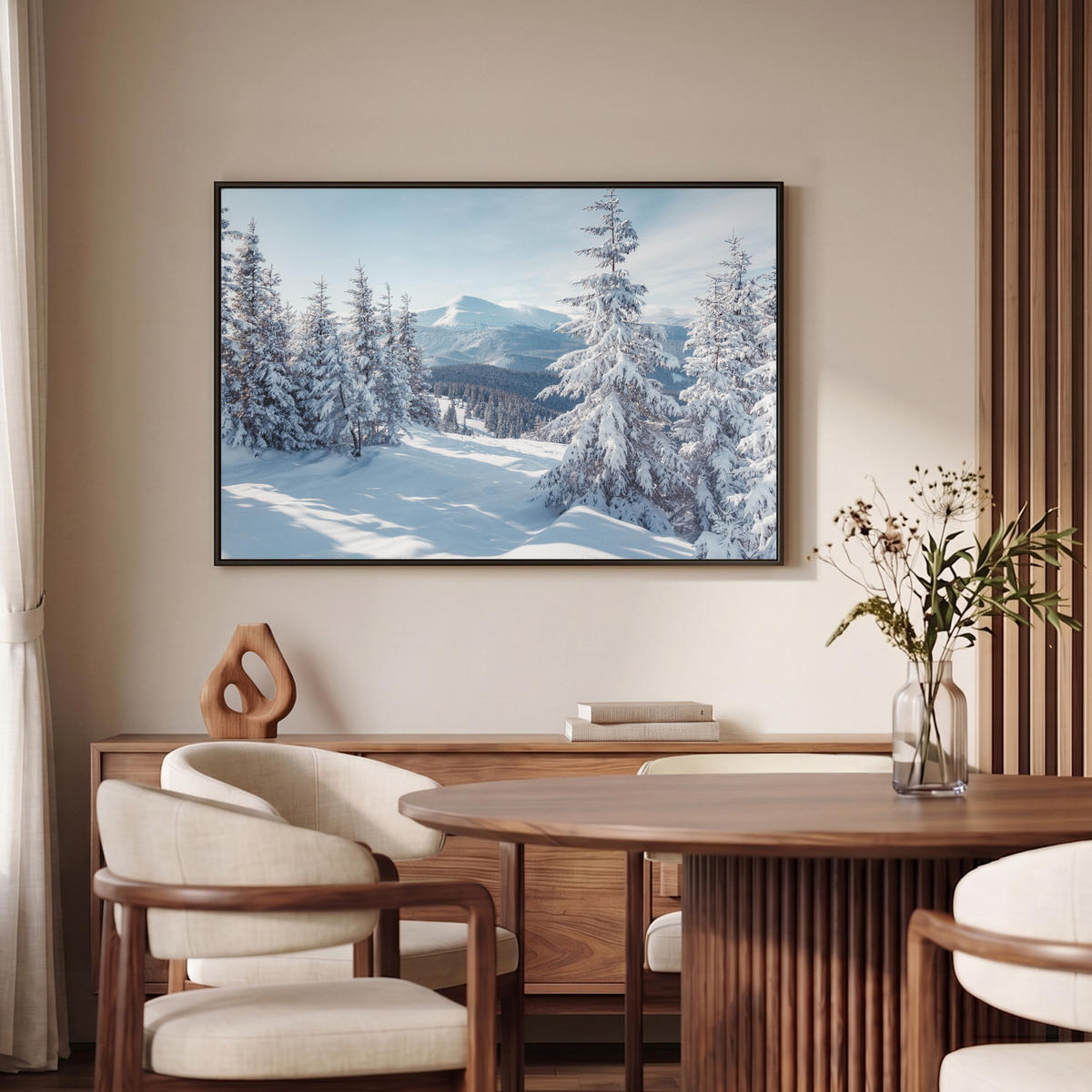 LEINWAND Bilder mit Rahmen - Winterlandschaft - Natur - Berge - Bäume - Schnee - 90x60 - Hellblau, Textil (90/60cm) - MuchoWow