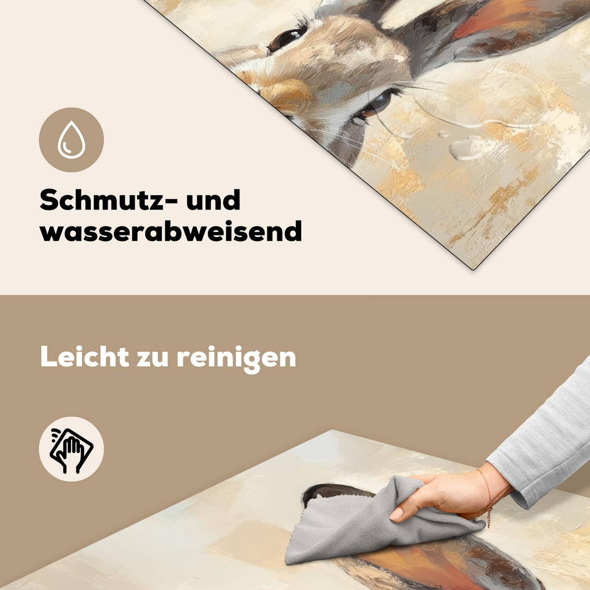 HERDABDECKPLATTE Hase - Ohren - Braun Induktionsmatte 78x78 cm - Beige, Kunststoff (78/78/0.2cm) - MuchoWow