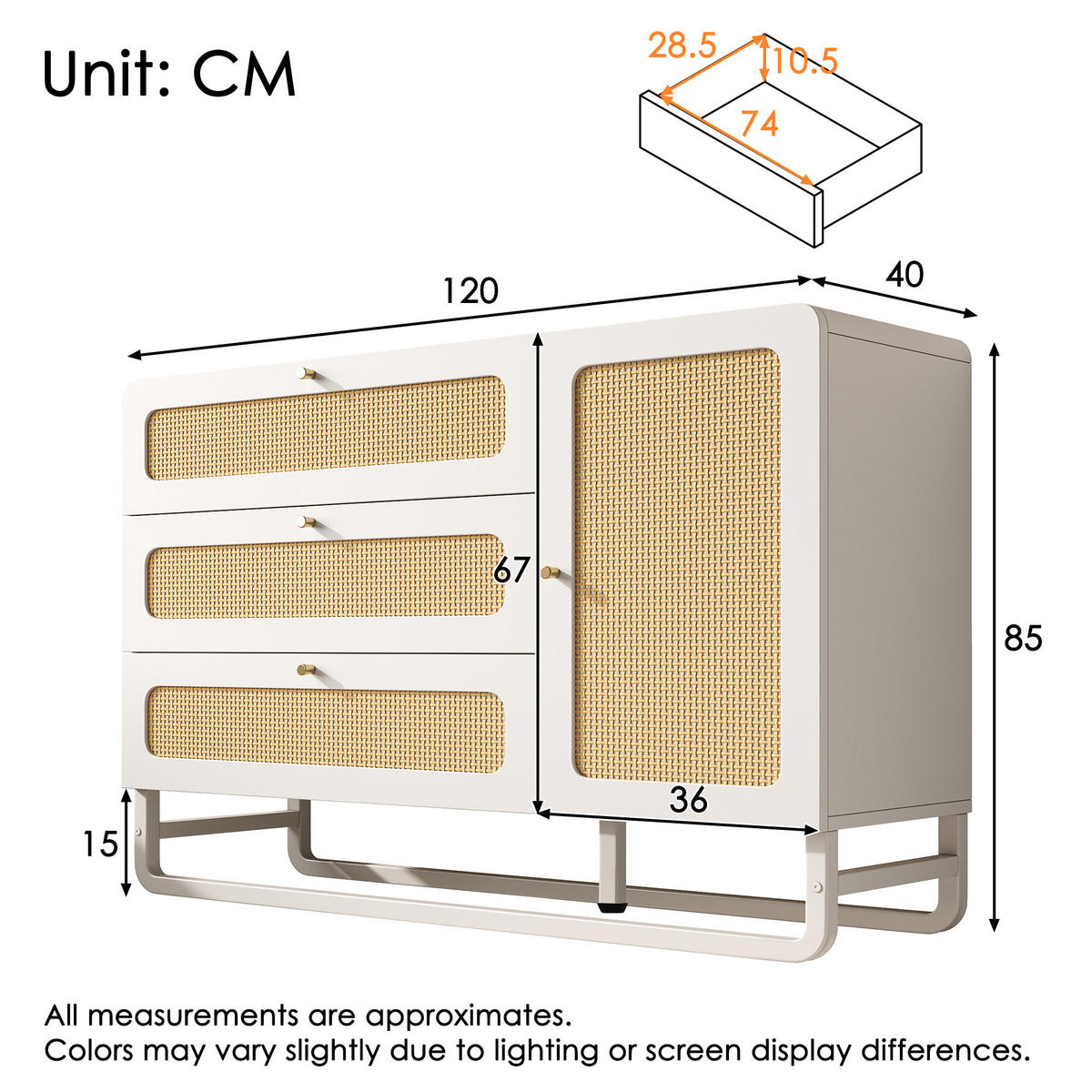 KOMMODE 120 cm in Weiß & Rattan-Optik Sideboard mit 3 Schubladen - Weiß, Holzwerkstoff/Metall (120/85/40cm) - Urban Meuble