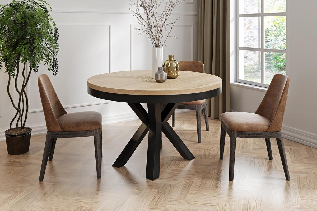 ESSTISCH Clara runder ausziehbarer, Sonoma Eiche 100-180/100/76 cm - Schwarz/Sonoma Eiche, Holzwerkstoff/Metall (100/100/76cm) - WFL GROUP