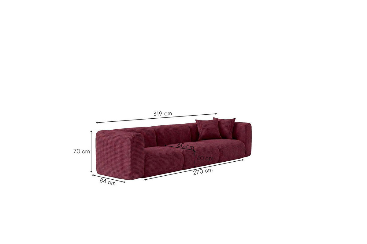 SOFA 3-Sitzer, Chenille-Stoff Cremona, Rotwein, GRETA - Weinrot, Holz (319/70/89cm) - Kaiser Möbel