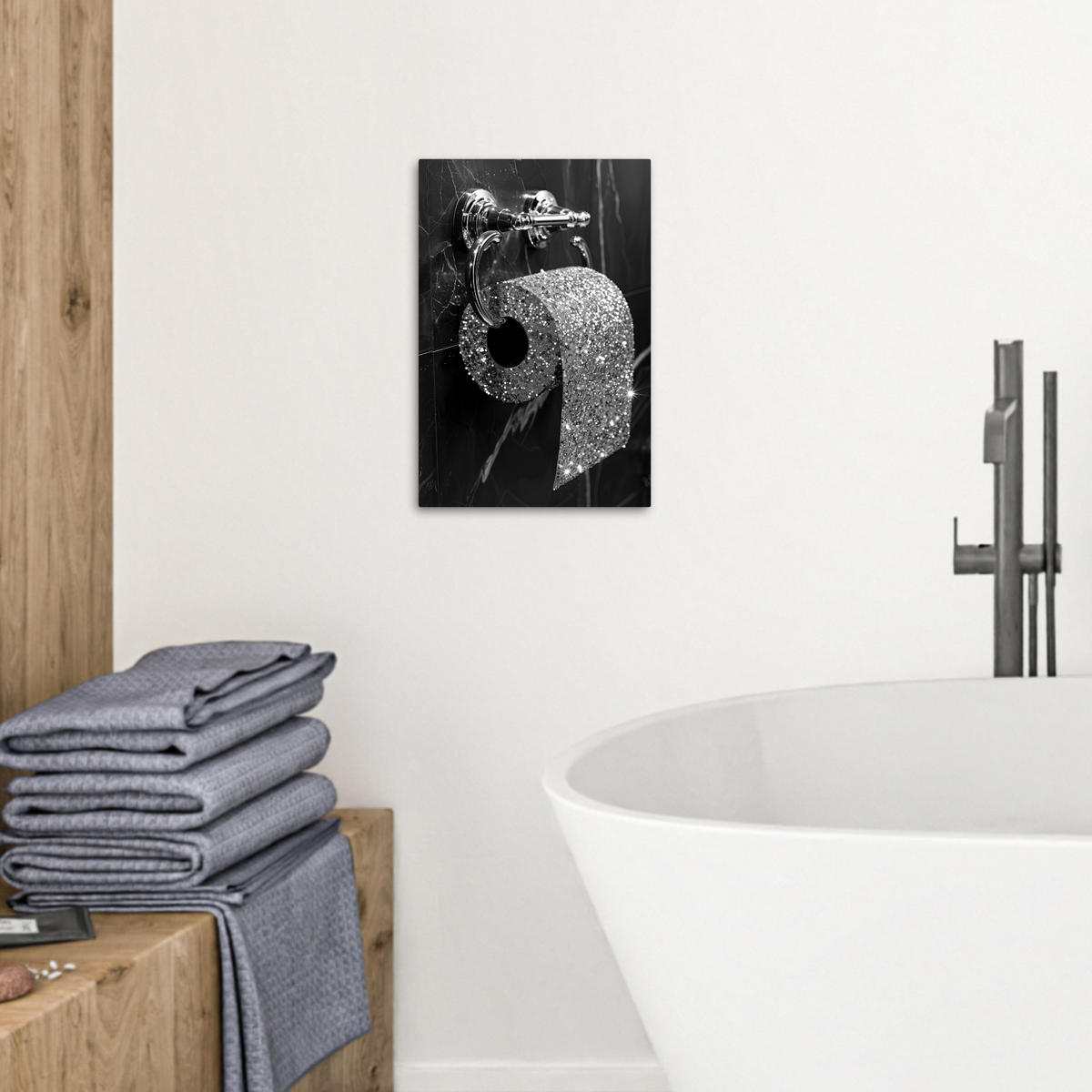 LEINWANDBILD WC - Toilettenpapier - Schwarz und weiß - Glitter 20x30 cm - Silberfarben, Textil (20/30cm) - MuchoWow