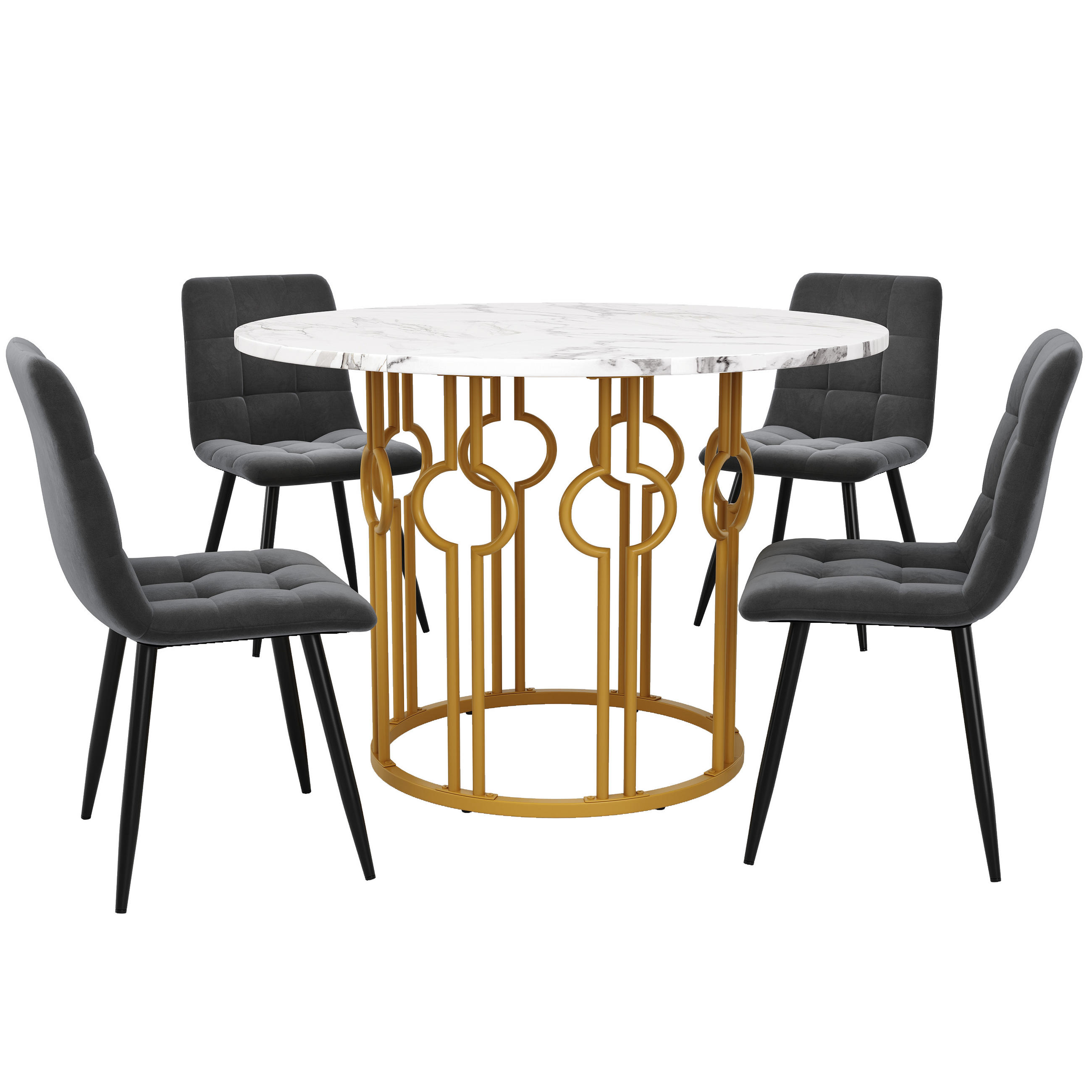 ESSGRUPPE DE-39220 runder 100 cm Tisch mit 4 Stühlen Dunkelgrau/Gold - Goldfarben/Grau, Holzwerkstoff (100/76/100cm) - ComfortXL