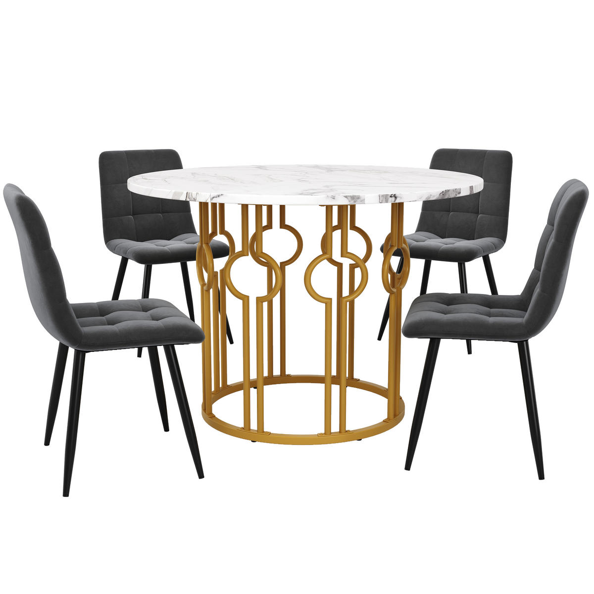 ESSTISCHSET 5-Teilig Rund 100 Cm, Weiße MDF, 4 Dunkelgraue Samtstühle, Gold - Multicolor, Holzwerkstoff (100/76/100cm) - FLIEKS