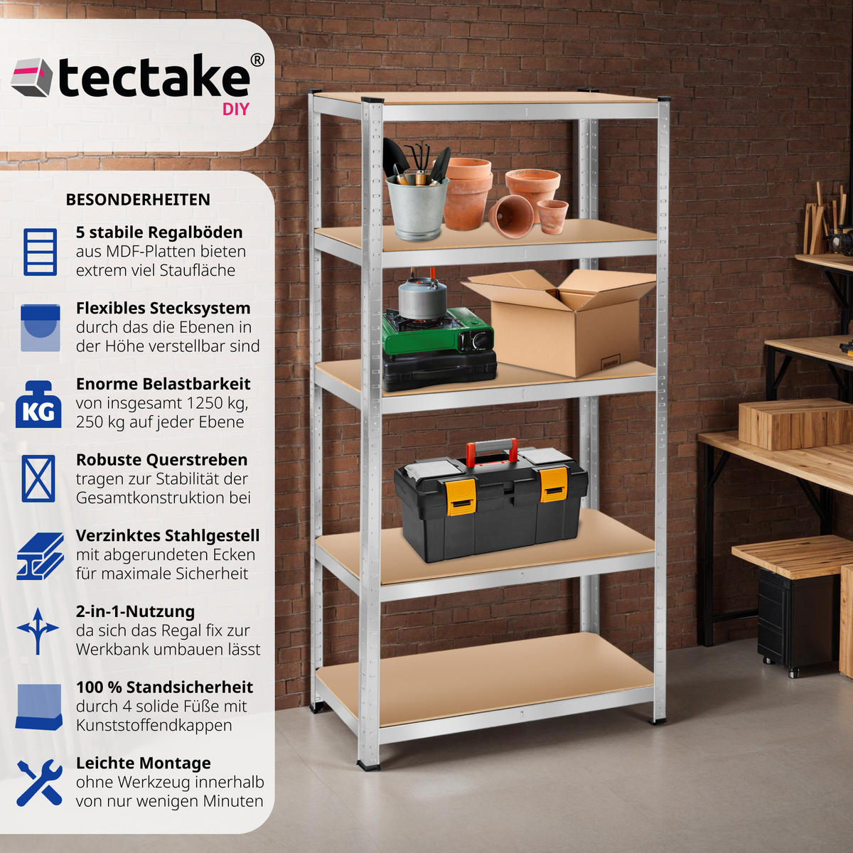 SCHWERLASTREGAL , schnelle Montage, silber - Silberfarben, Metall (40/180/90cm) - tectake