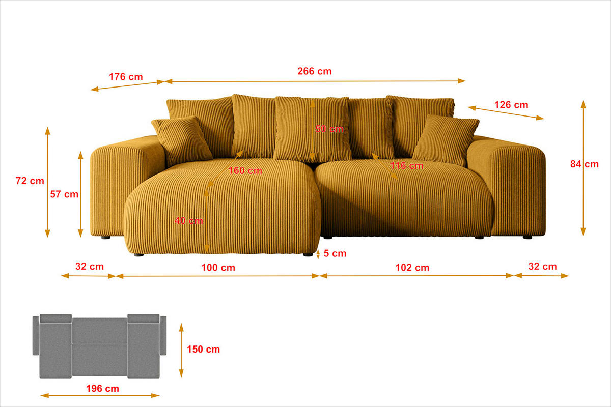 ECKSOFA Ottomane rechts ESKAR-L 266x176x84 Currygelb Cord - Currygelb/Schwarz, Holzwerkstoff/Kunststoff (176/266cm) - ALTDECOR